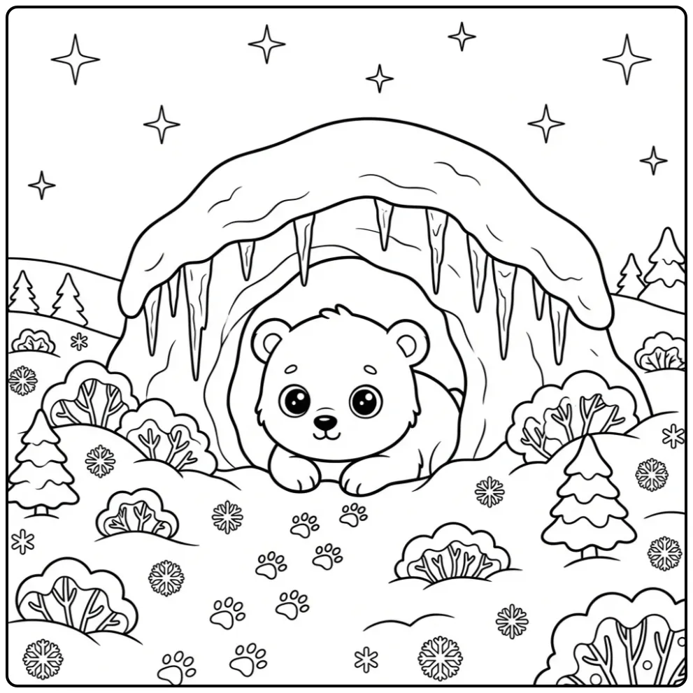 Baby polar bear coloring page in a cozy snow den