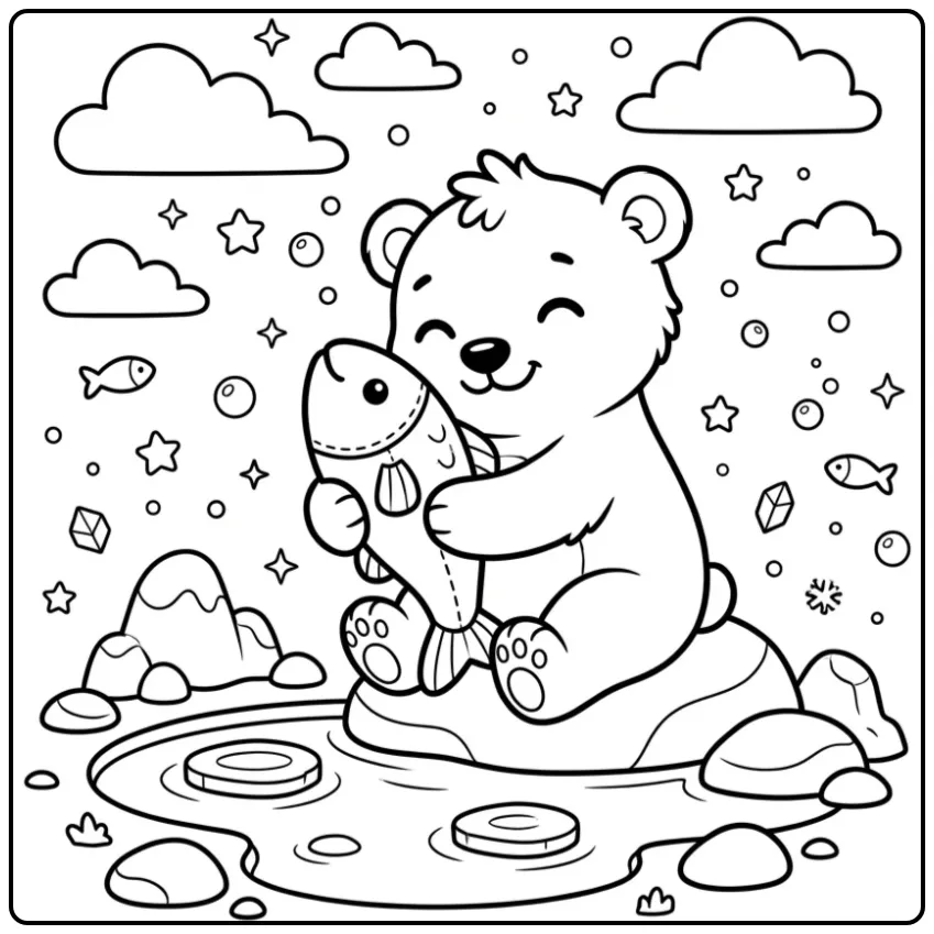 Baby polar bear coloring page hugging a fish by an icy pool