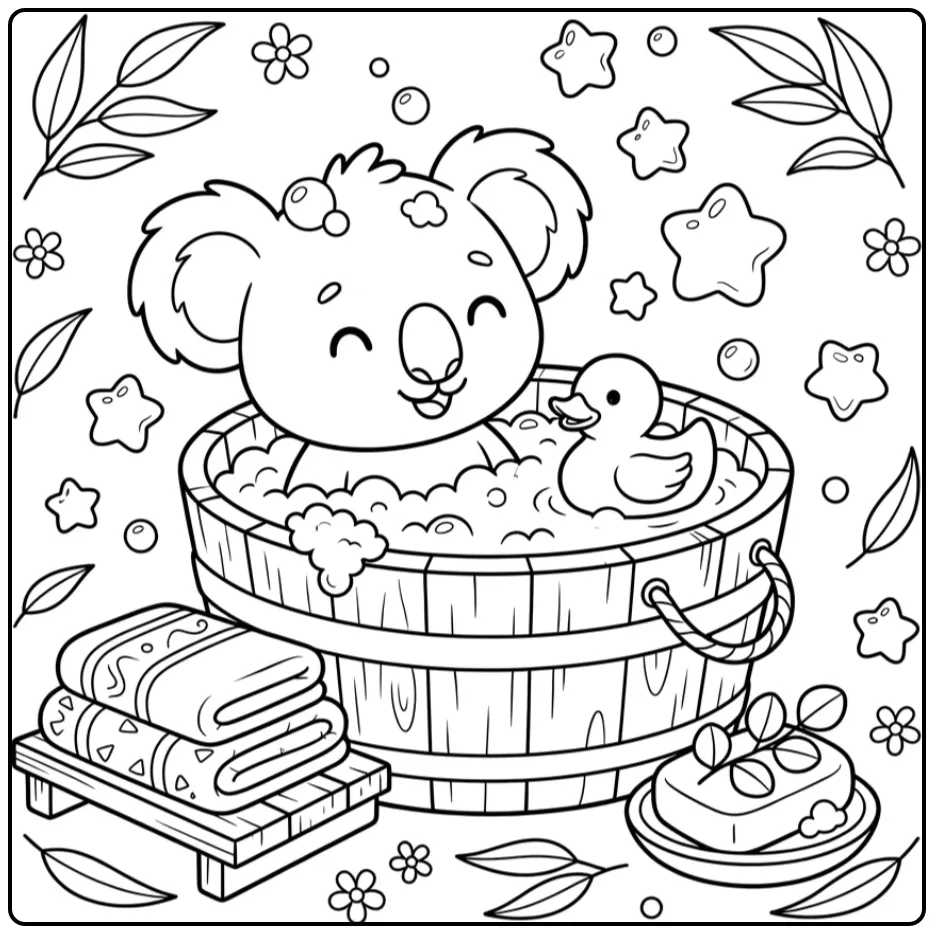 Baby koala coloring page in a bath with bubbles