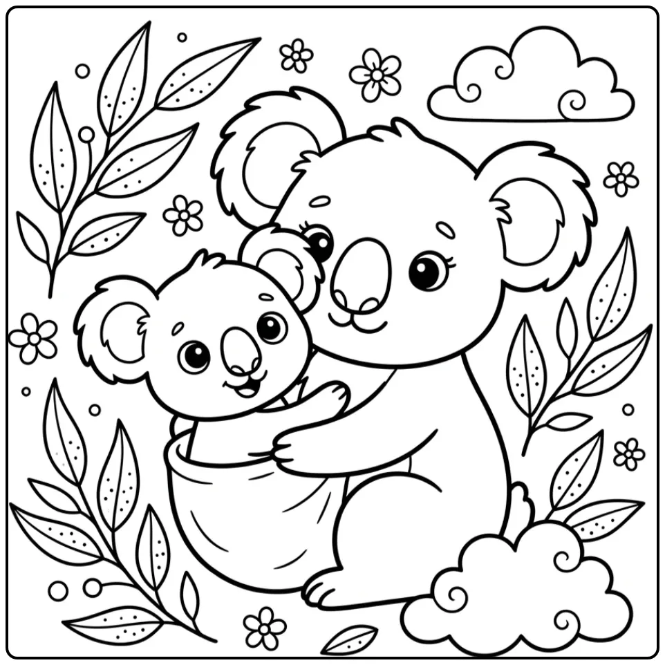 Baby koala coloring page in mothers pouch