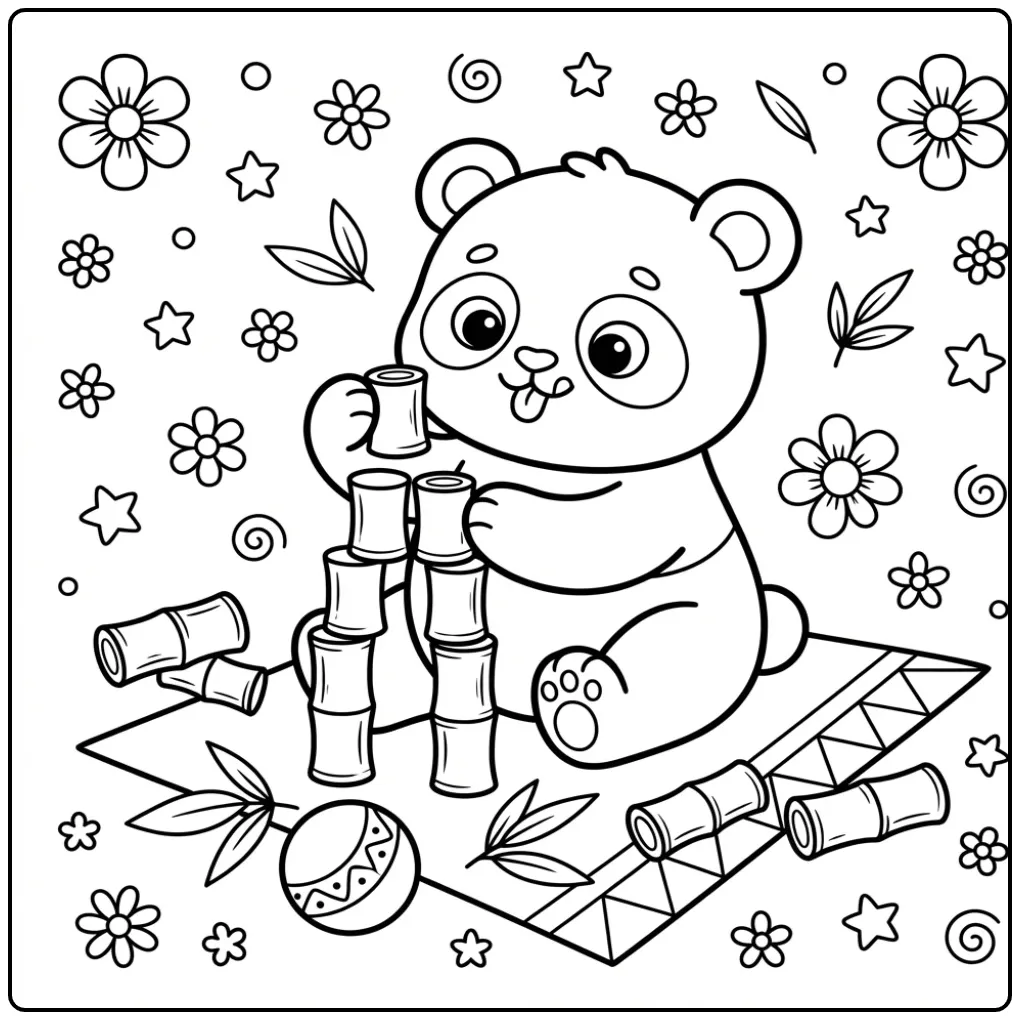 Baby panda coloring page playing with blocks