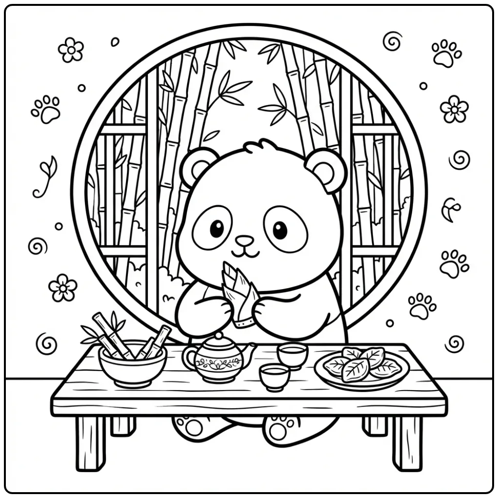 Baby panda coloring page eating at a small table
