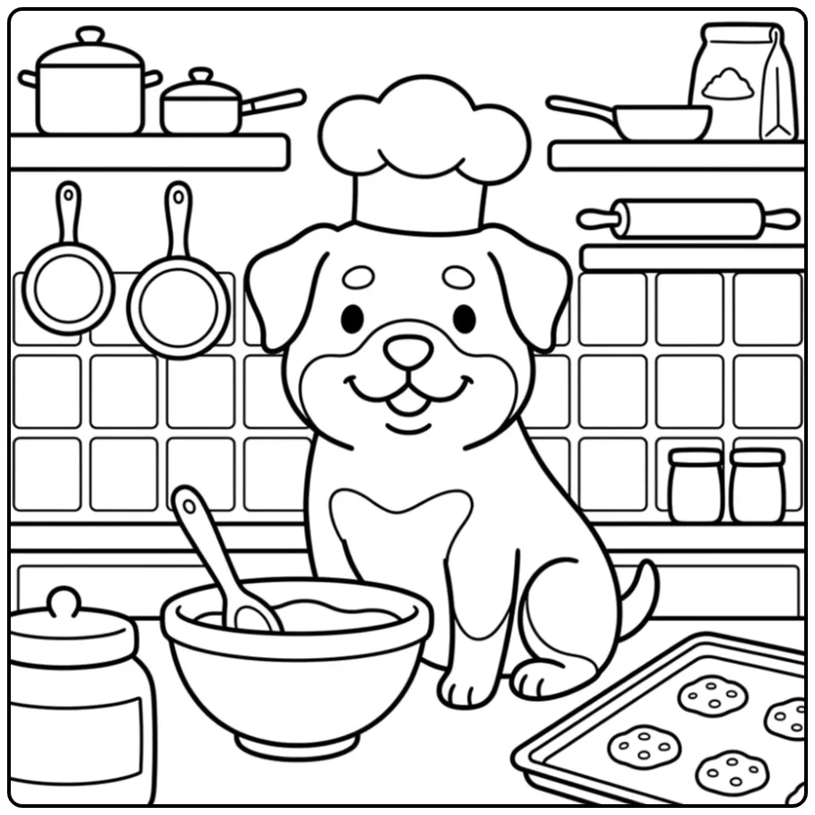 Baking Rottweiler with Mixing Bowl and Cookies coloring page