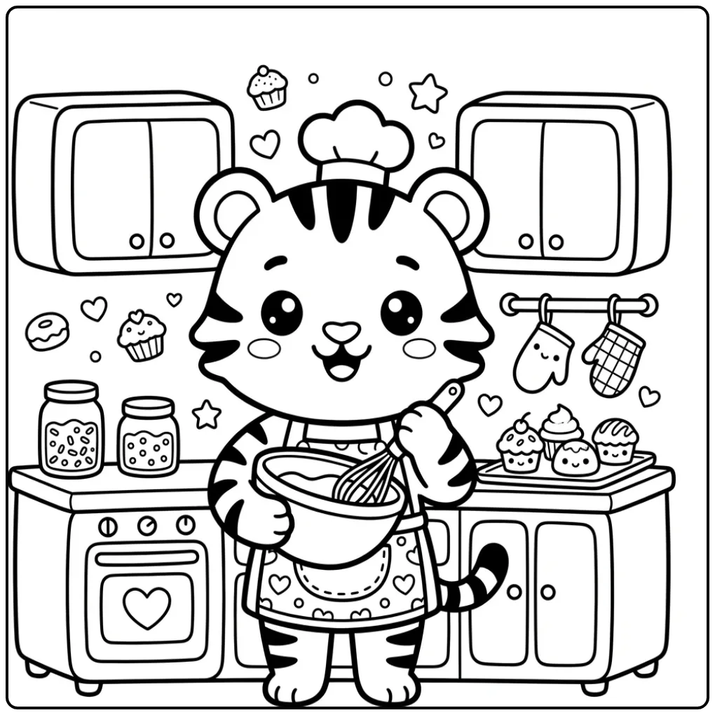 Cute tiger coloring page in a kitchen with cupcakes