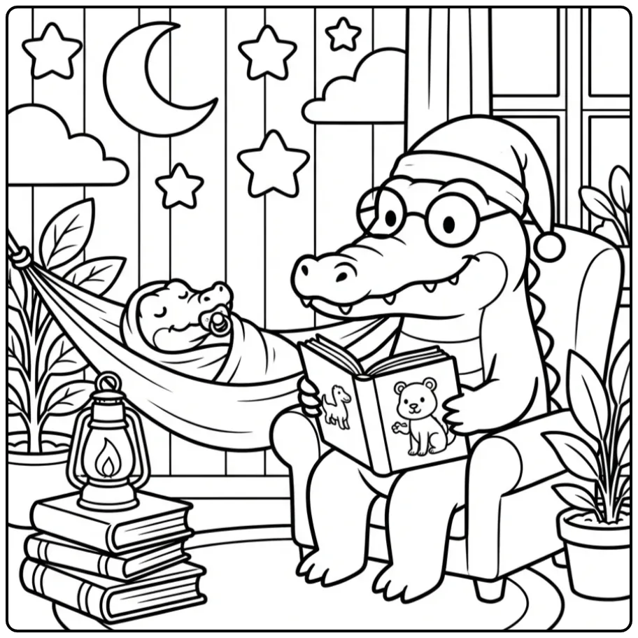 Crocodile coloring page showing a bedtime story in a hammock