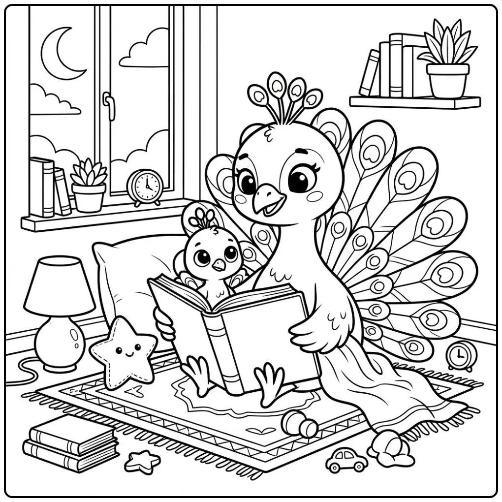 Peacock coloring page reading to a chick