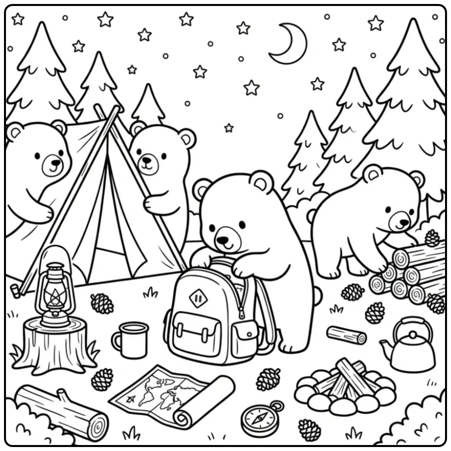 Bear coloring page with animals camping by a tent