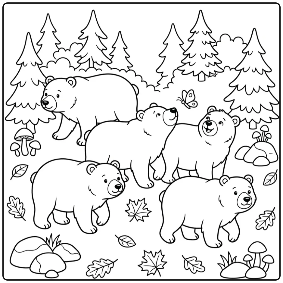 Bear coloring page with walking bears in the forest