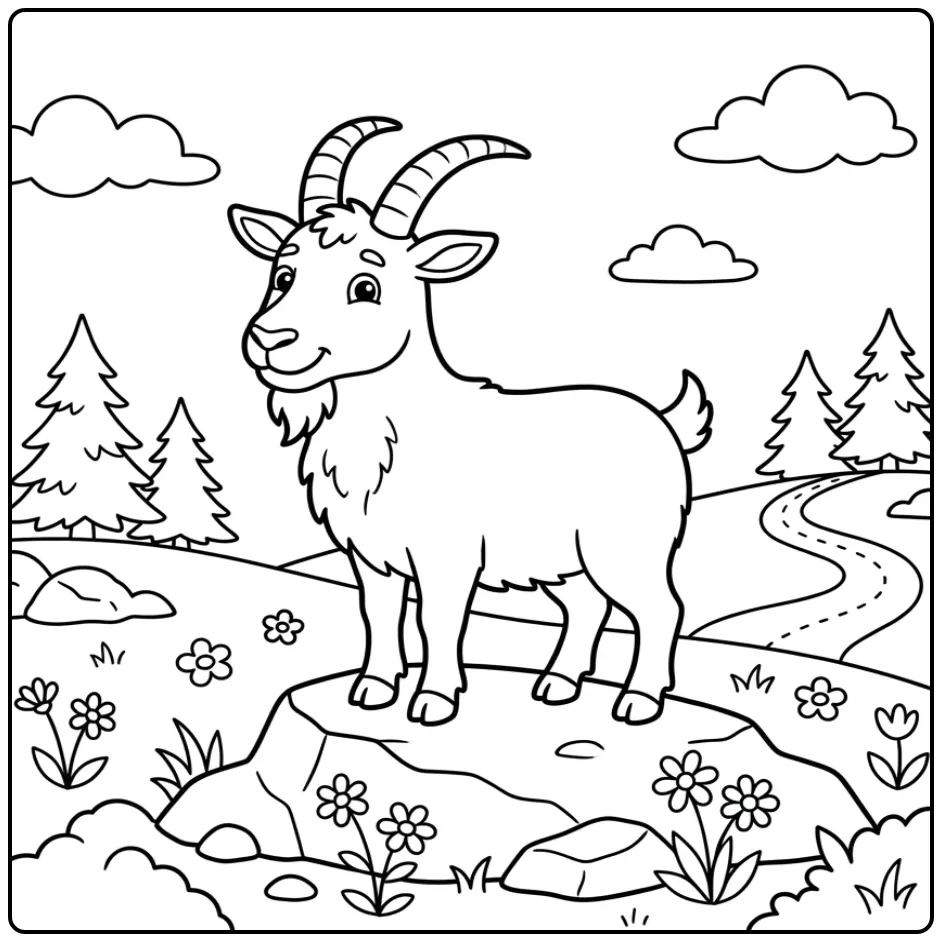 Cute goat coloring page on a rock with pine trees