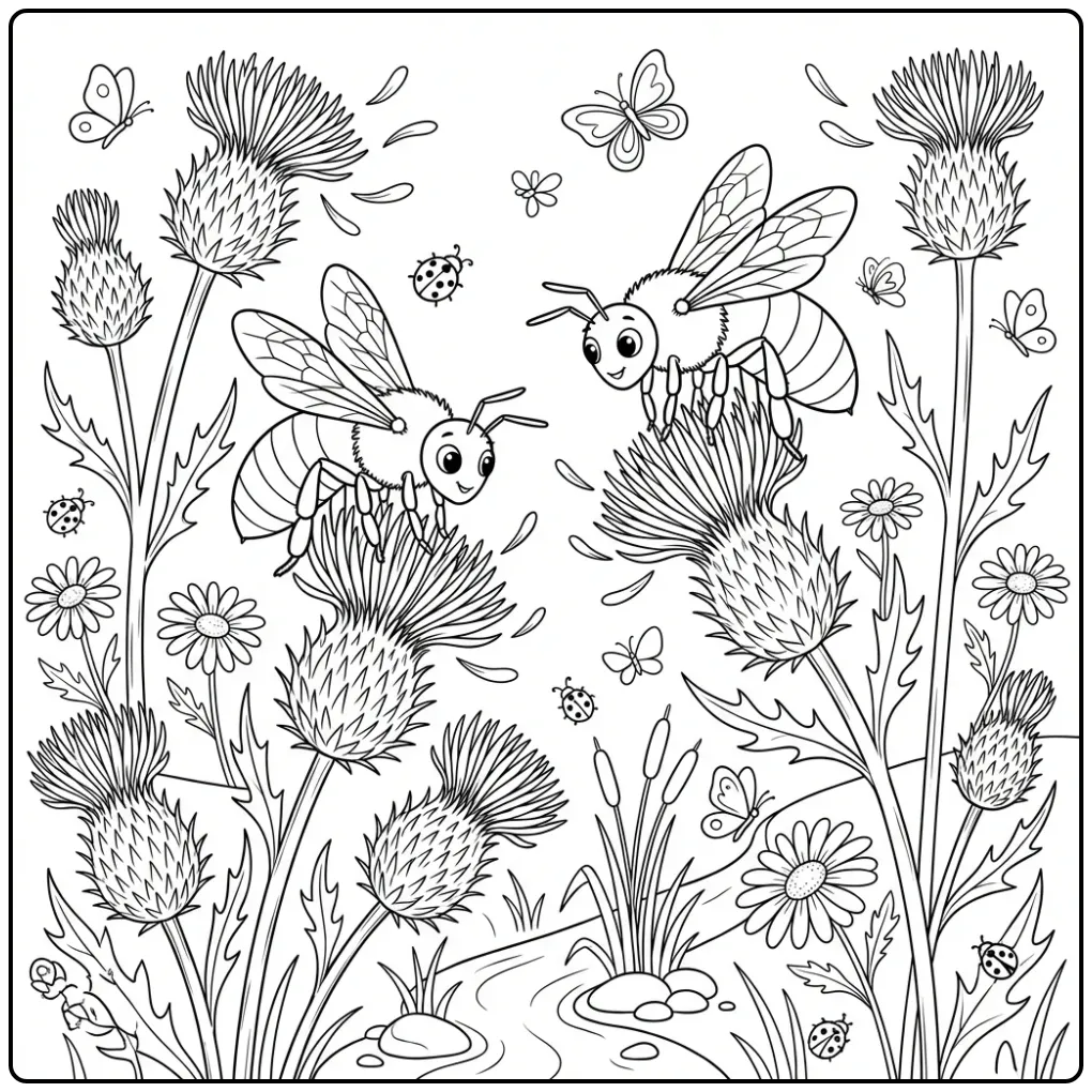 Happy bee coloring page with thistles and daisies