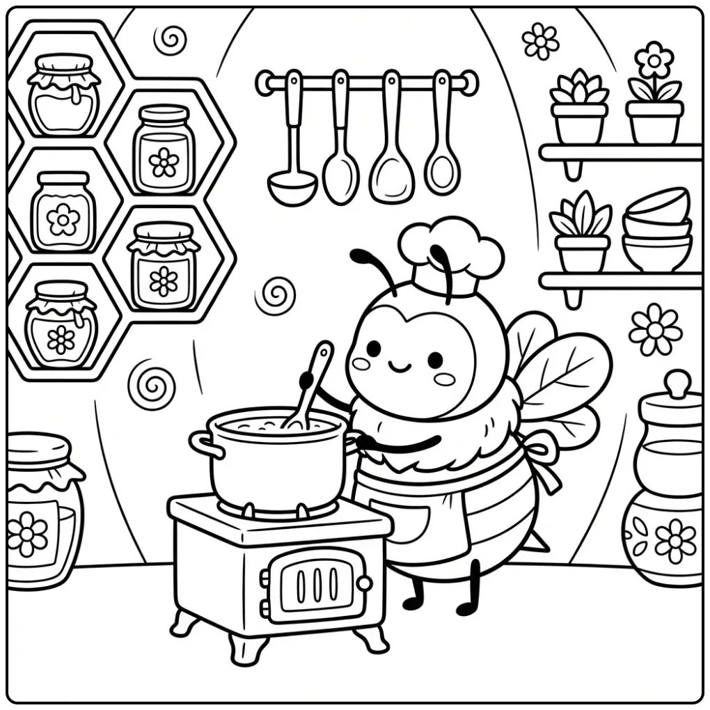 Bee coloring page with a cooking bee in a honey kitchen