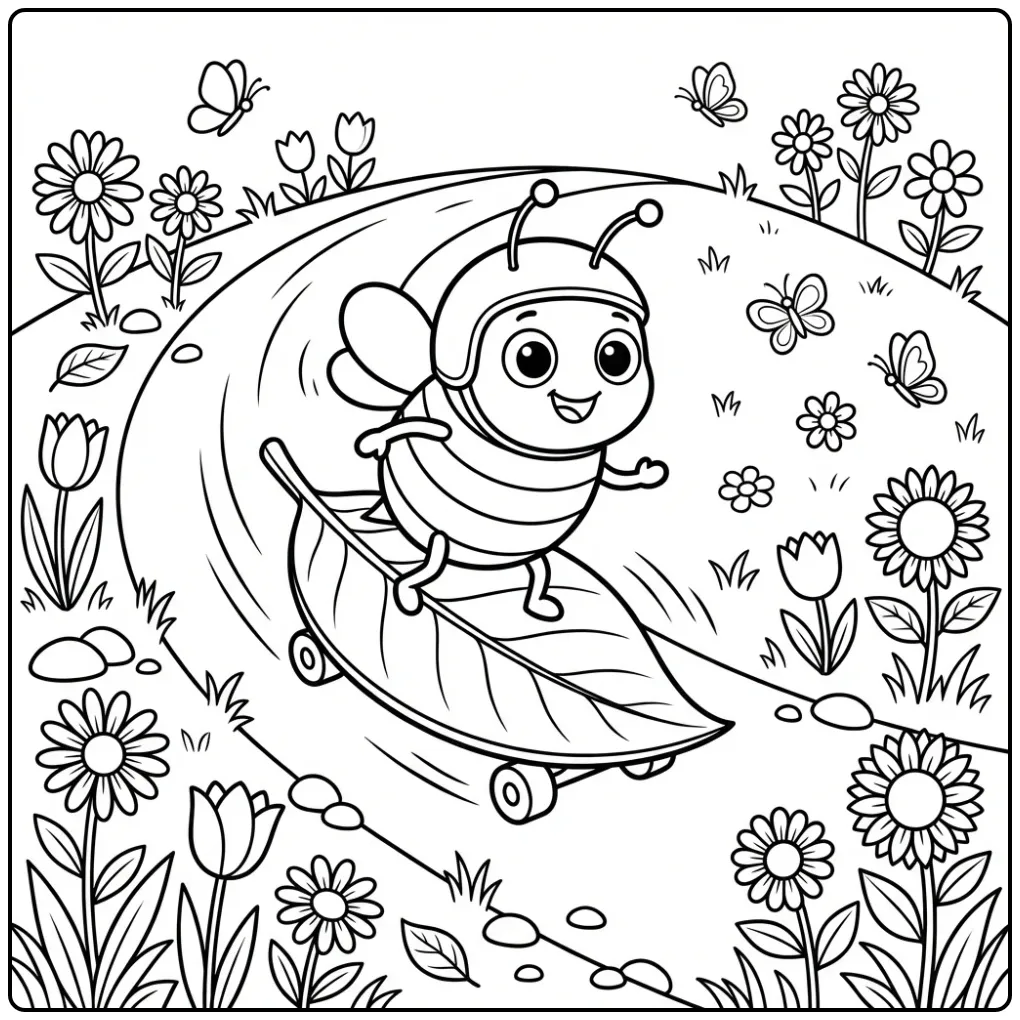 Cute bee coloring page of a bee skating on a leaf
