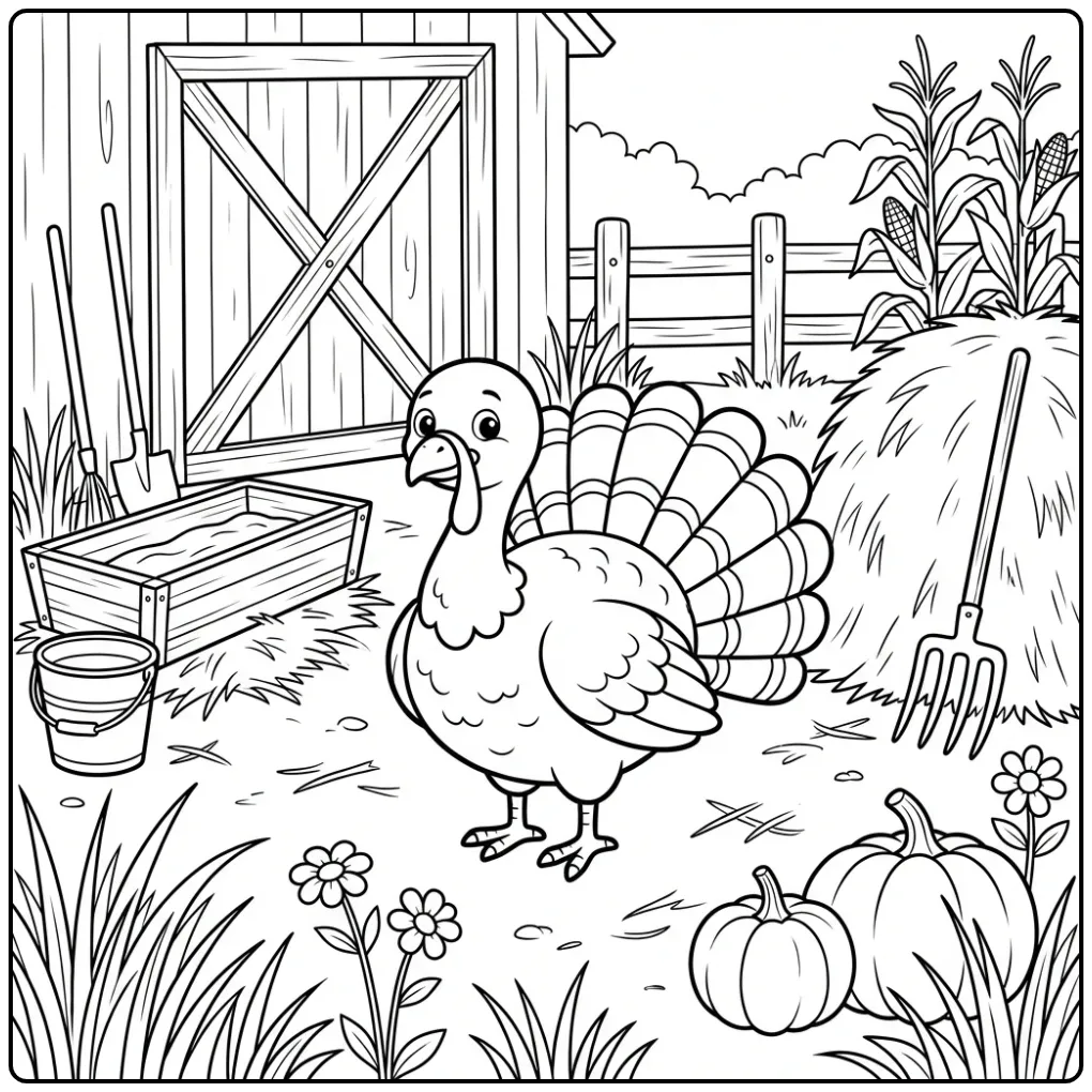 Turkey coloring page on a farm with hay