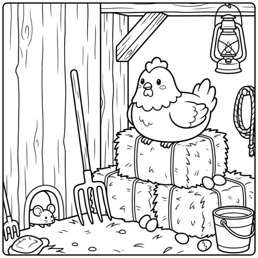 Chicken coloring page standing on hay in a barn