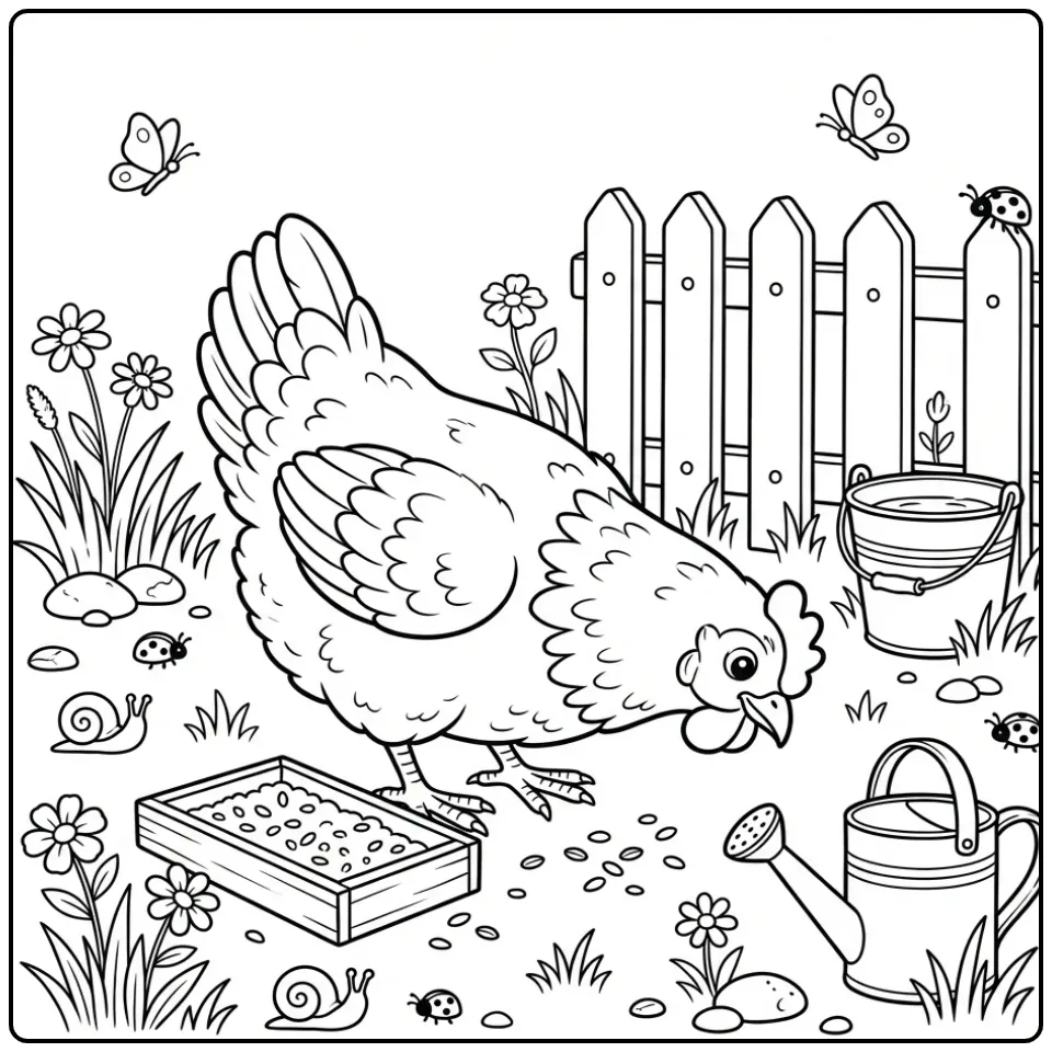 Chicken coloring page with a hen pecking grain by a fence