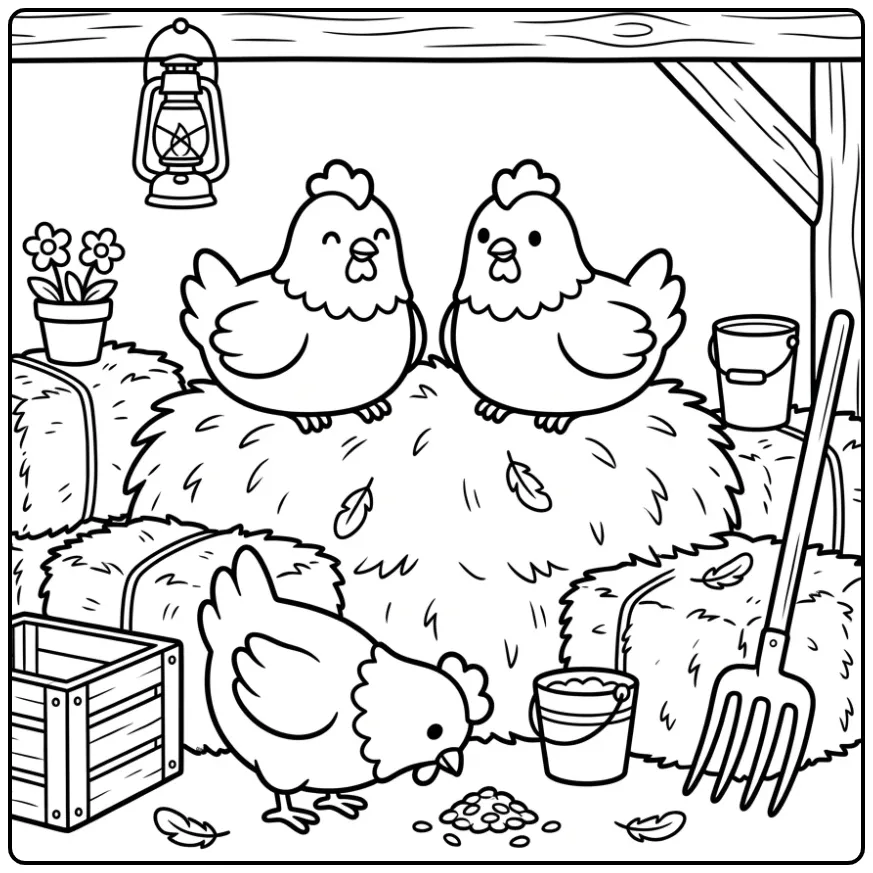 Chicken coloring page with hens on hay in a barn