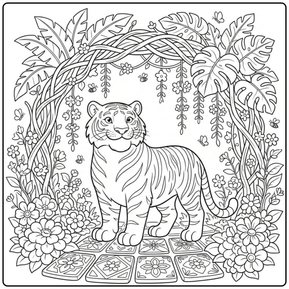 Adult tiger coloring page in a garden