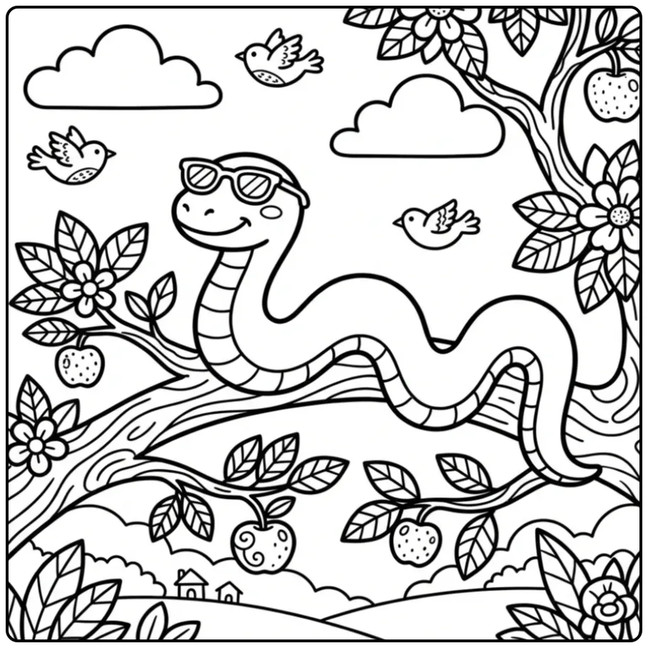 Snake in a tree coloring page featuring a snake high on the branches