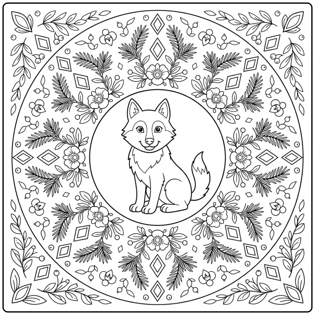 Wolf mandala coloring page with flowers