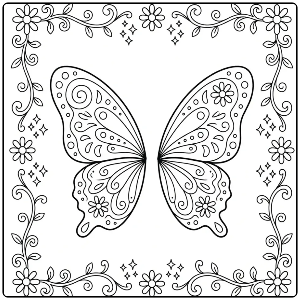 Butterfly wings coloring page with flowers and stars