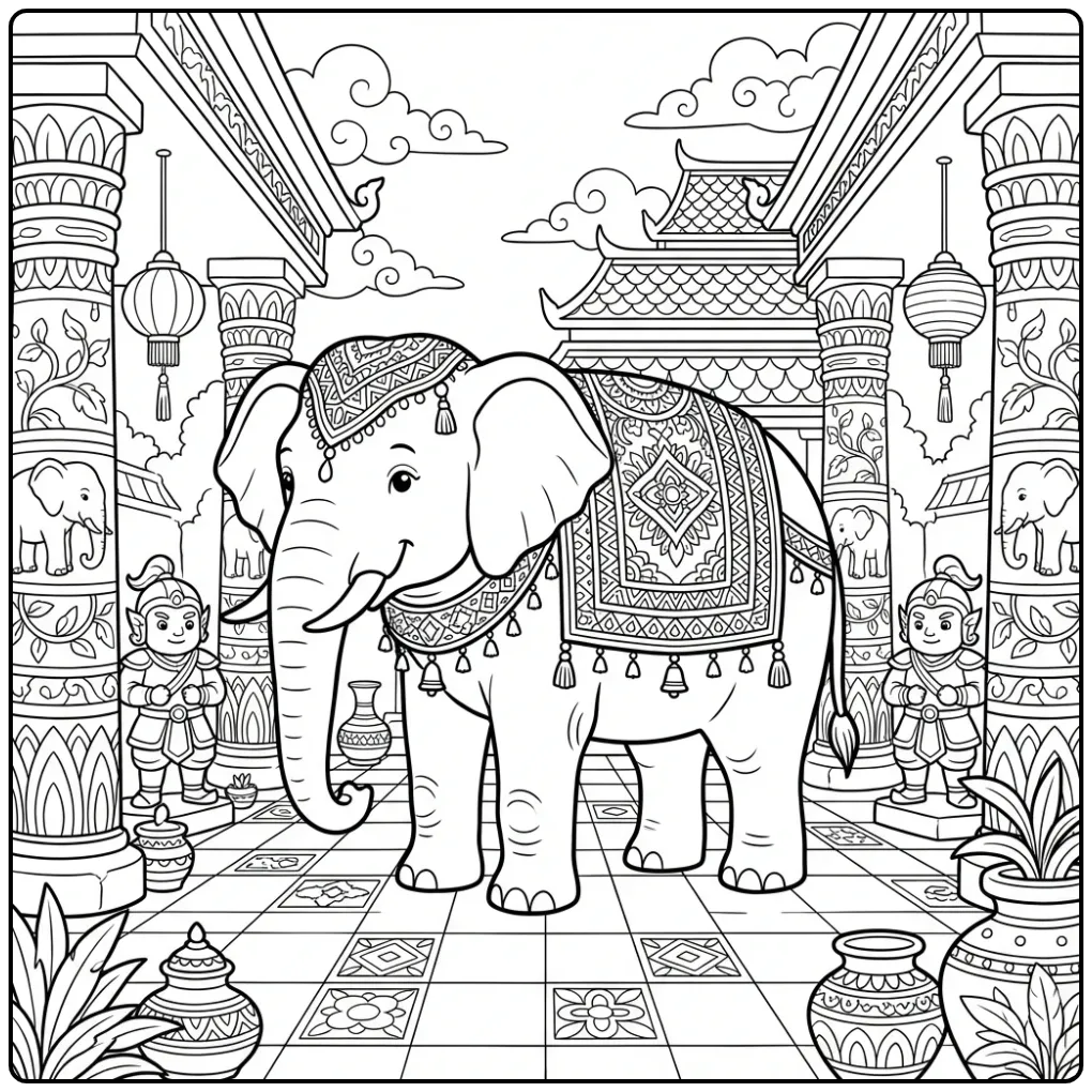 Difficult elephant coloring page in an ancient temple