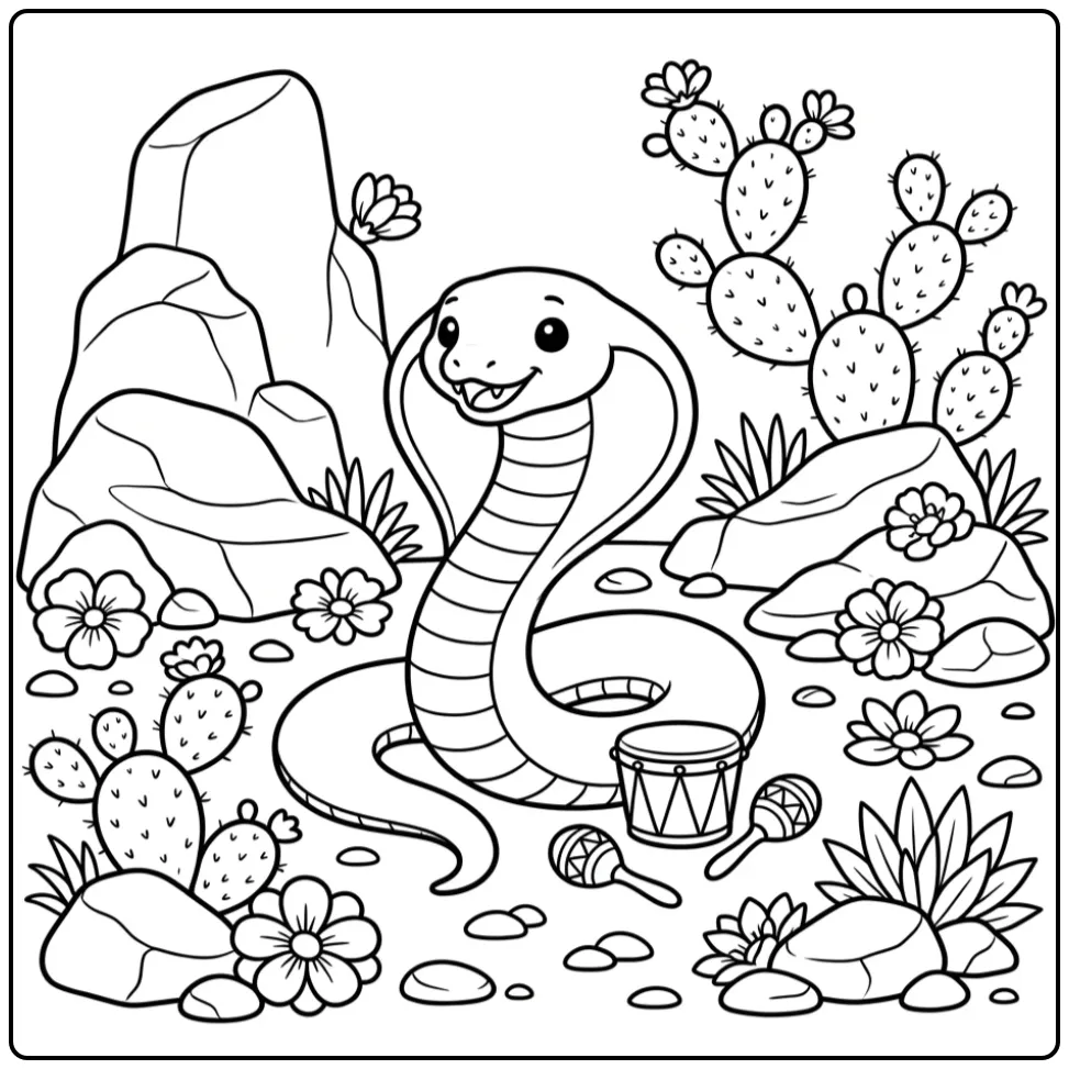 Dancing cobra coloring page with drum and maracas