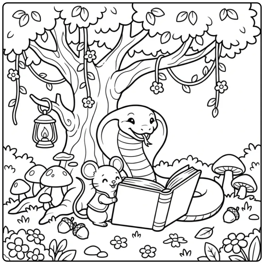 Cobra coloring page with a mouse and a big book