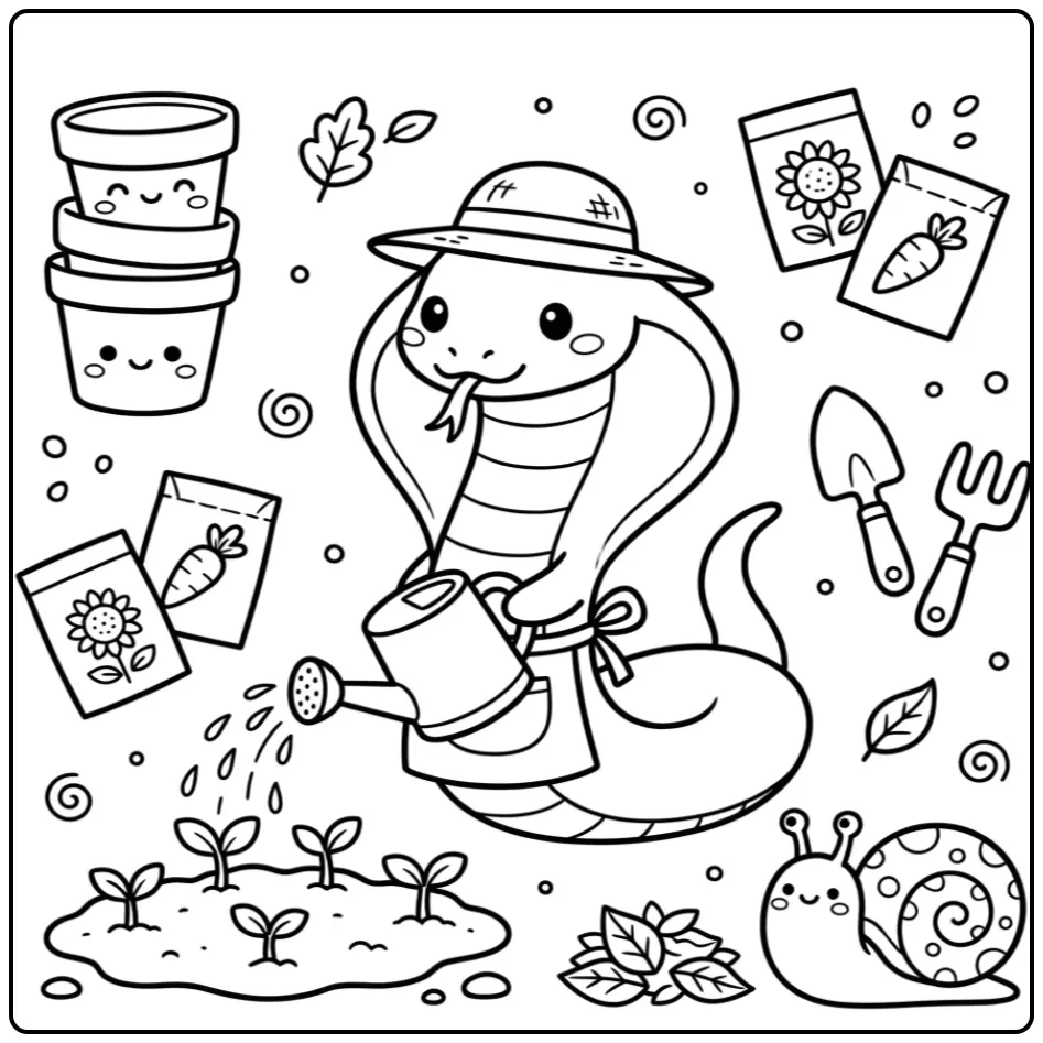Cobra coloring page as a gardener with a watering can and snail