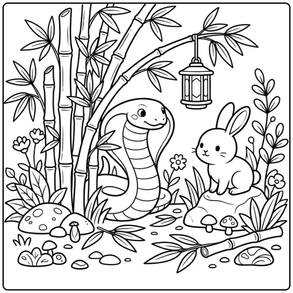 Cobra coloring page among bamboo with a rabbit