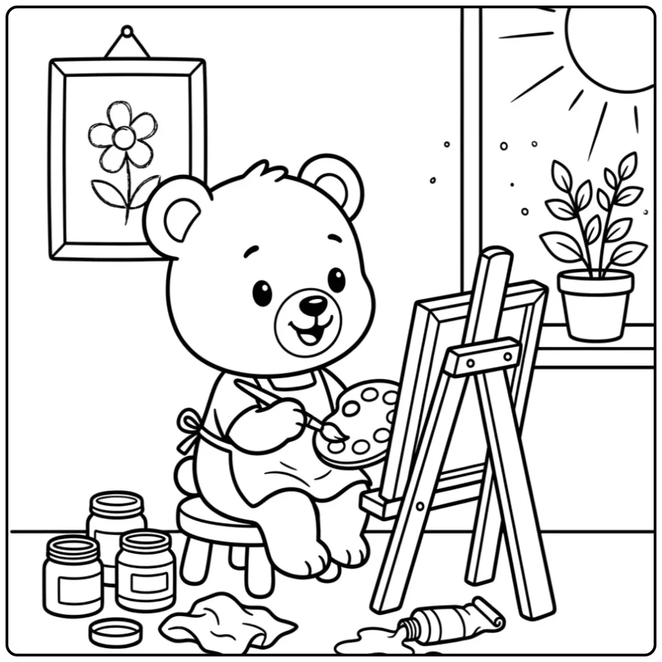 Teddy bear coloring page painting on a small easel