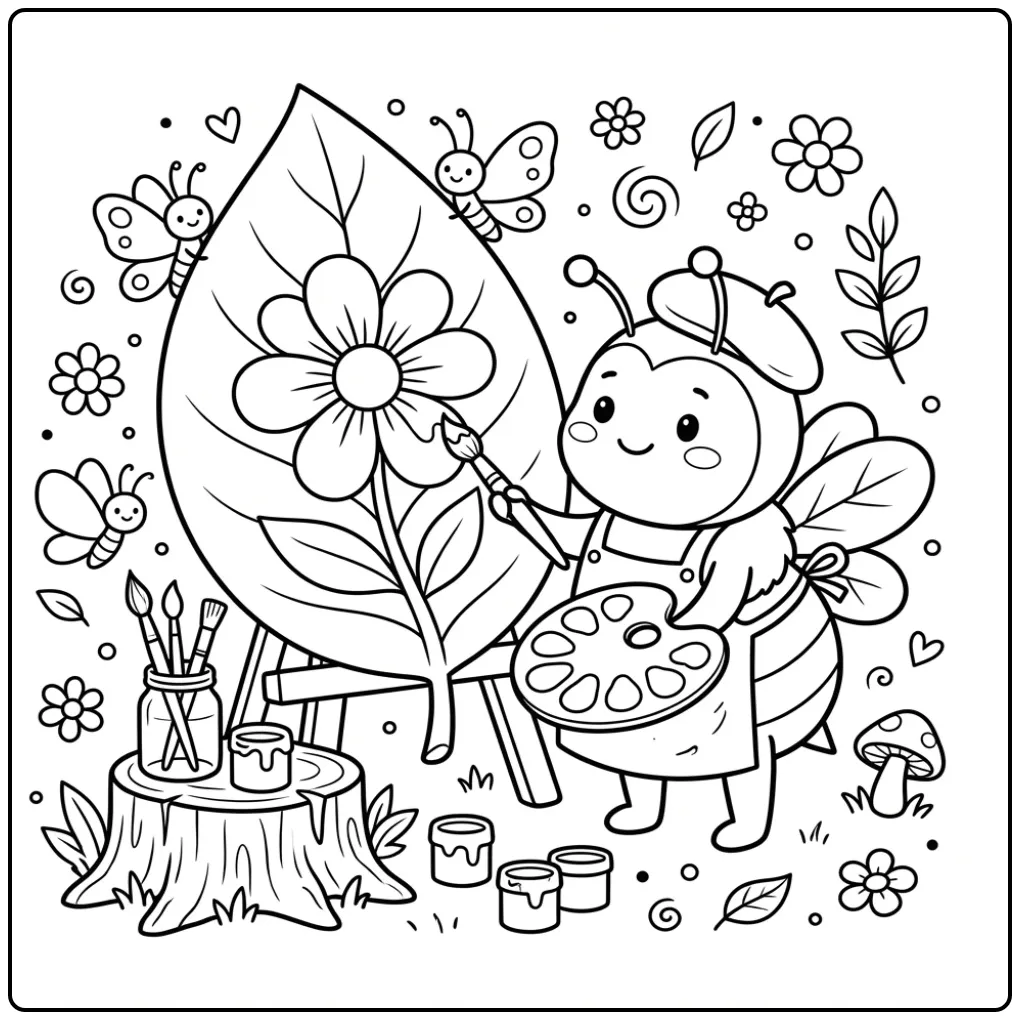 Cute bee coloring page of a painting bee on a leaf