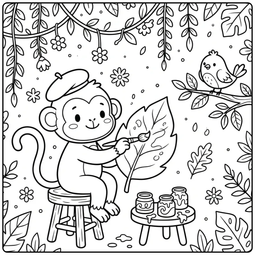Monkey coloring page painting with a brush