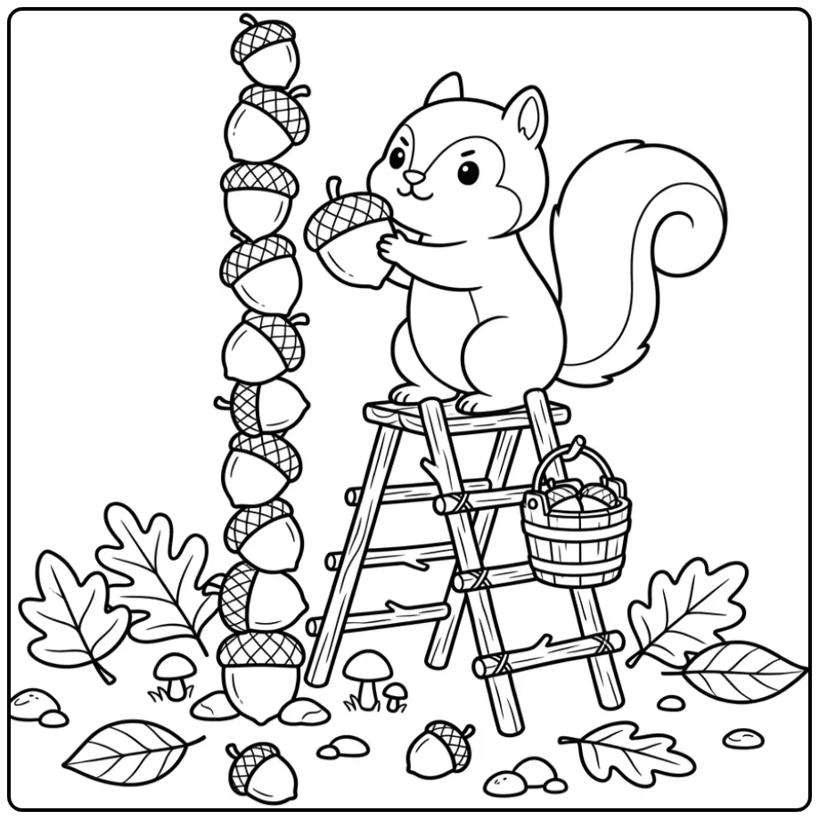 Squirrel coloring page stacking acorns with a ladder