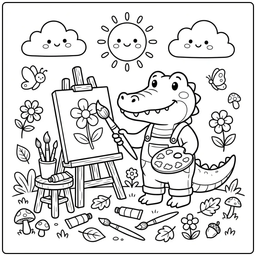 Crocodile coloring page featuring a crocodile painting outdoors