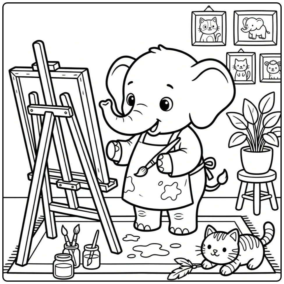Elephant coloring page with an elephant painting at an easel