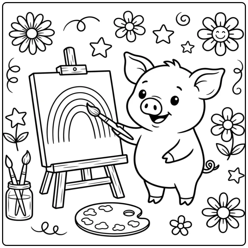 Cute pig coloring page painting a rainbow