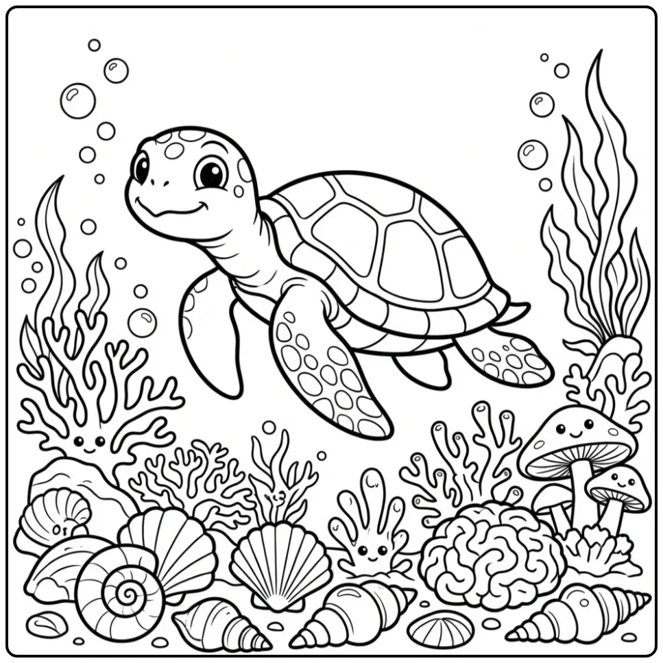 Adult turtle coloring page in the ocean with shells