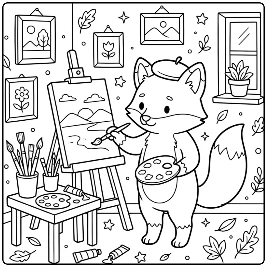 Fox coloring page painting at an easel