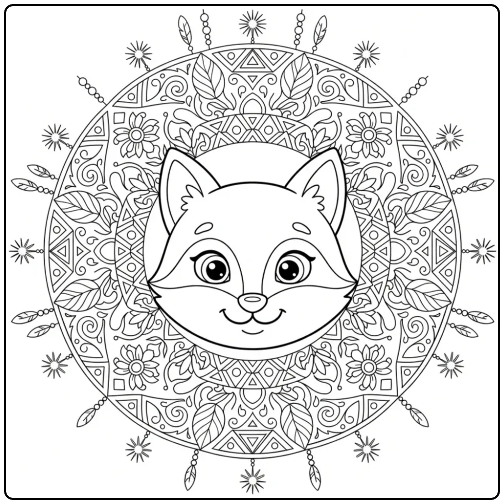 Mandala fox coloring page with flowers and feathers