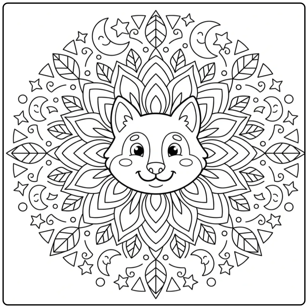 Wolf mandala coloring page with stars and leaves