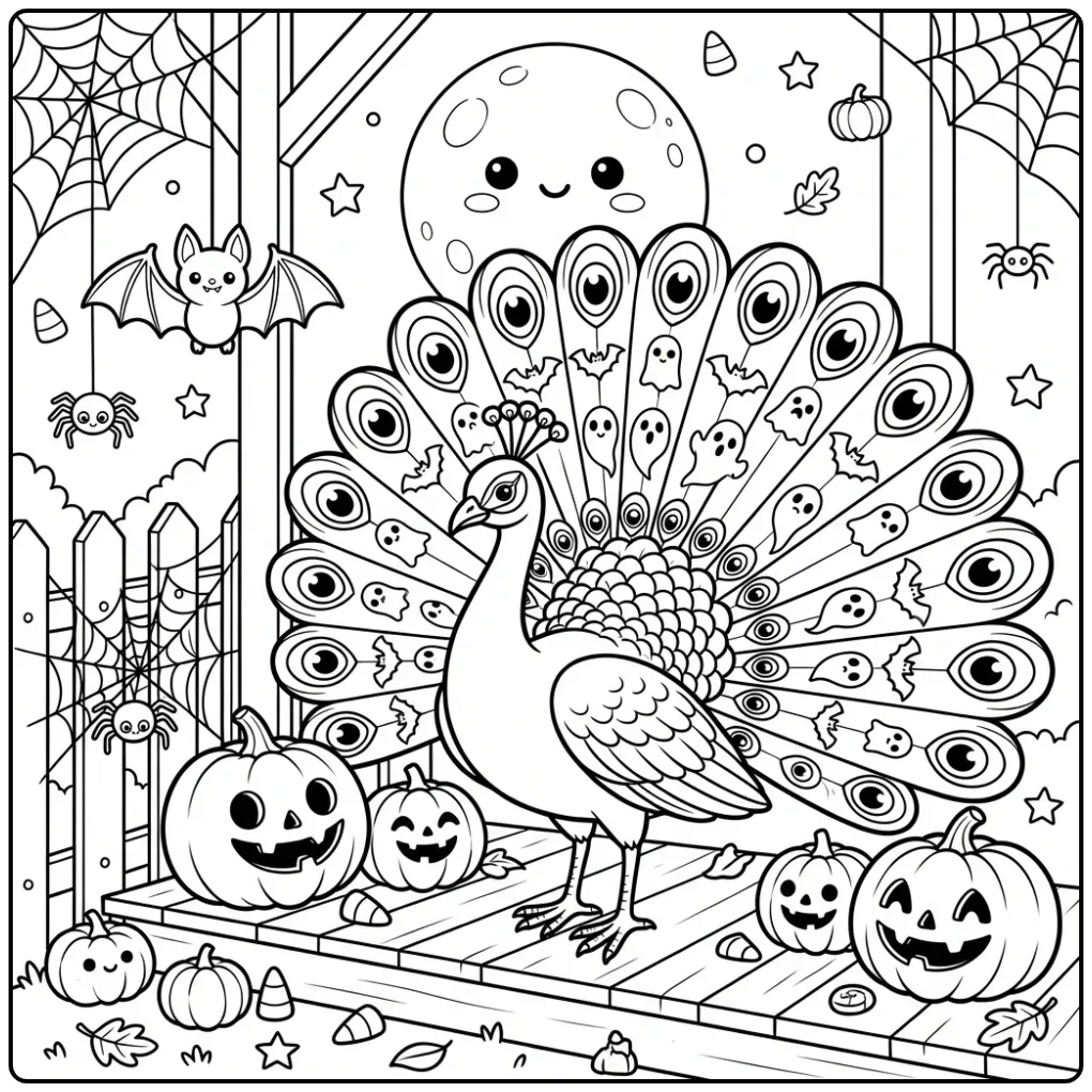 Halloween peacock coloring page with pumpkins and a full moon