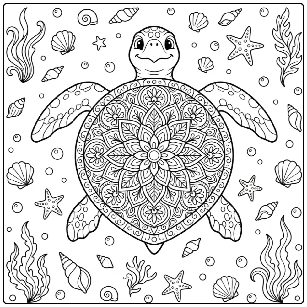 Mandala turtle coloring page with a decorative shell