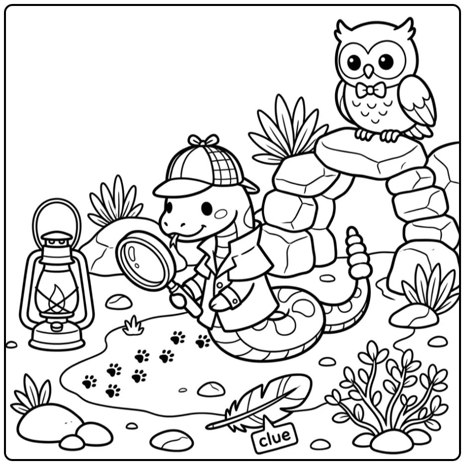 Rattlesnake coloring page looking for tracks by a cave