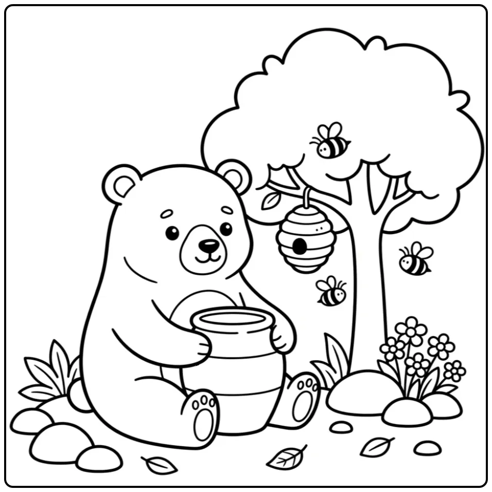 Easy bear coloring page with a honey pot and beehive