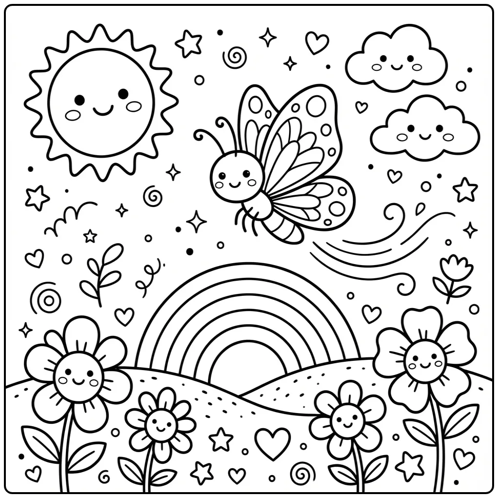 Toddler butterfly coloring page with rainbow and flowers