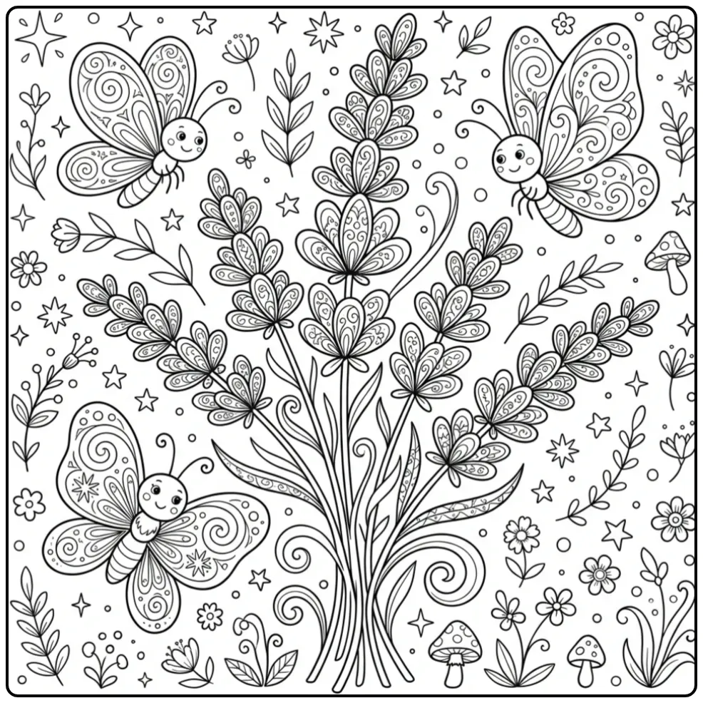 Adult flowers and butterflies coloring page with lavender