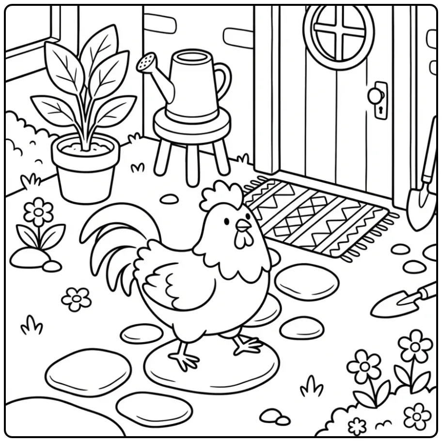 Rooster coloring page walking through a tidy courtyard