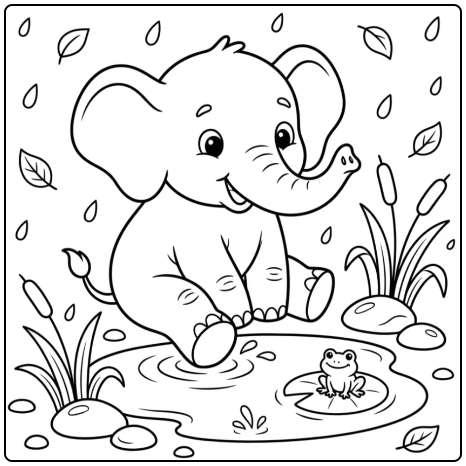 Easy elephant coloring page playing in water with a frog