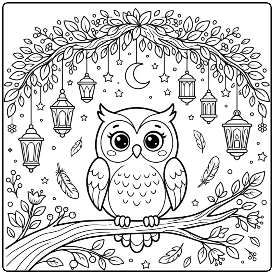 Owl on branch coloring page with lanterns and moon