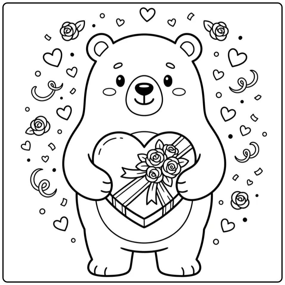 Valentine bear coloring page with chocolates and hearts